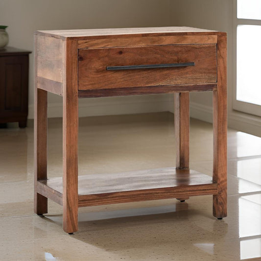 24 Inch Side End Table, 1 Drawer, Iron Handle, Natural Brown Mango Wood By Casagear Home