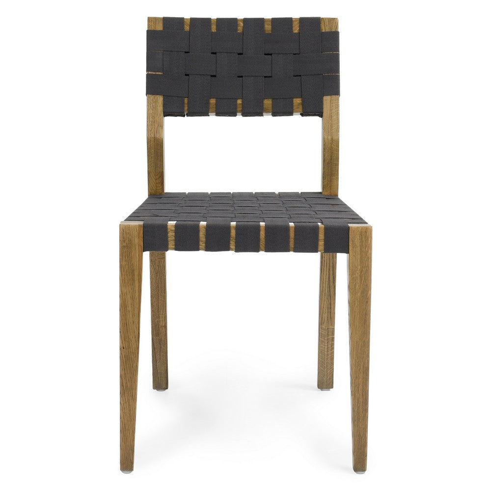 22 Inch Dining Side Chair Set of 2 Woven Black Polyester Brown Oak Wood By Casagear Home BM312423