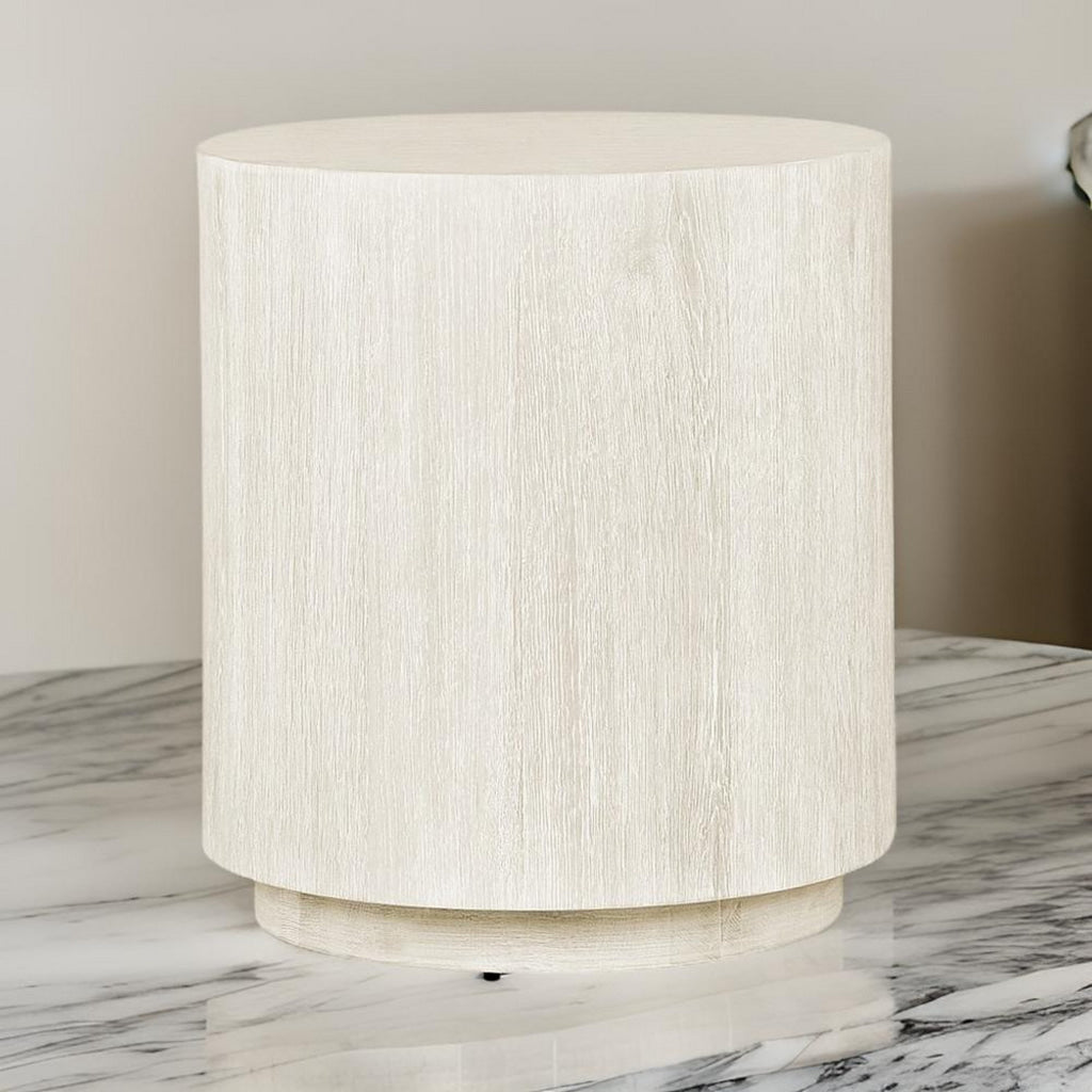 Cecil 22 Inch Side End Table Round Oak Veneer Plinth Base White Wash By Casagear Home BM312426