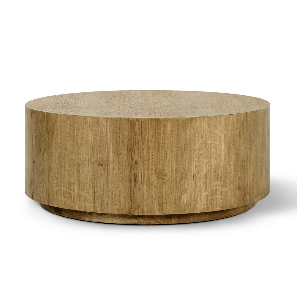 Cecil 42 Inch Coffee Table Round Oak Veneer Frame Plinth Base Warm Brown By Casagear Home BM312430