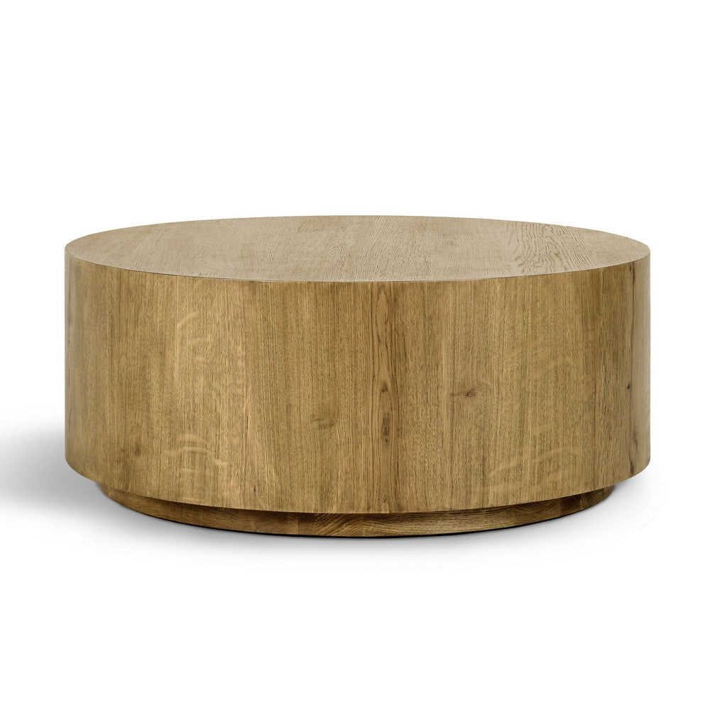 Cecil 42 Inch Coffee Table, Round Oak Veneer Frame, Plinth Base, Warm Brown By Casagear Home