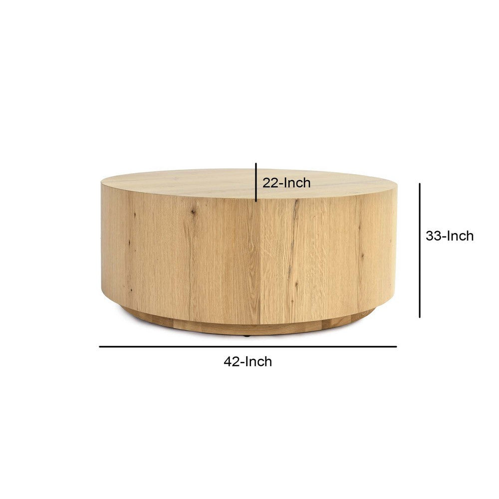 Cecil 42 Inch Coffee Table Round Oak Veneer Plinth Base Light Brown By Casagear Home BM312431