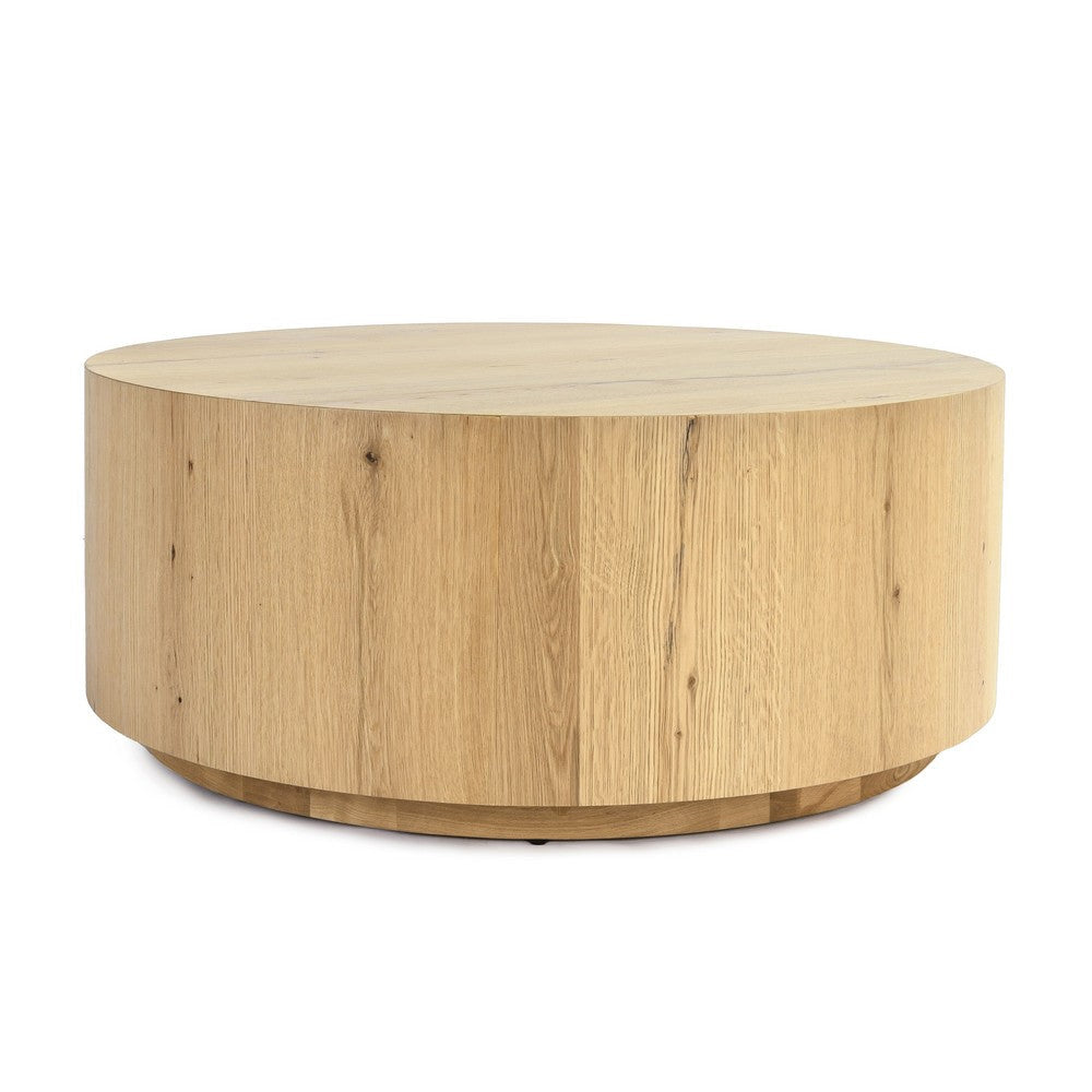 Cecil 42 Inch Coffee Table Round Oak Veneer Plinth Base Light Brown By Casagear Home BM312431