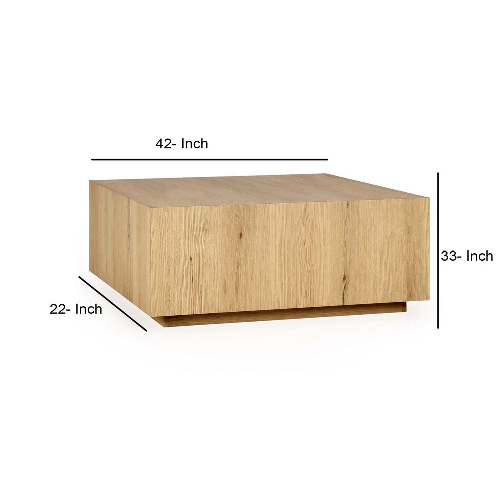 Cecil 42 Inch Coffee Table Square Oak Veneer Plinth Base Light Brown By Casagear Home BM312434