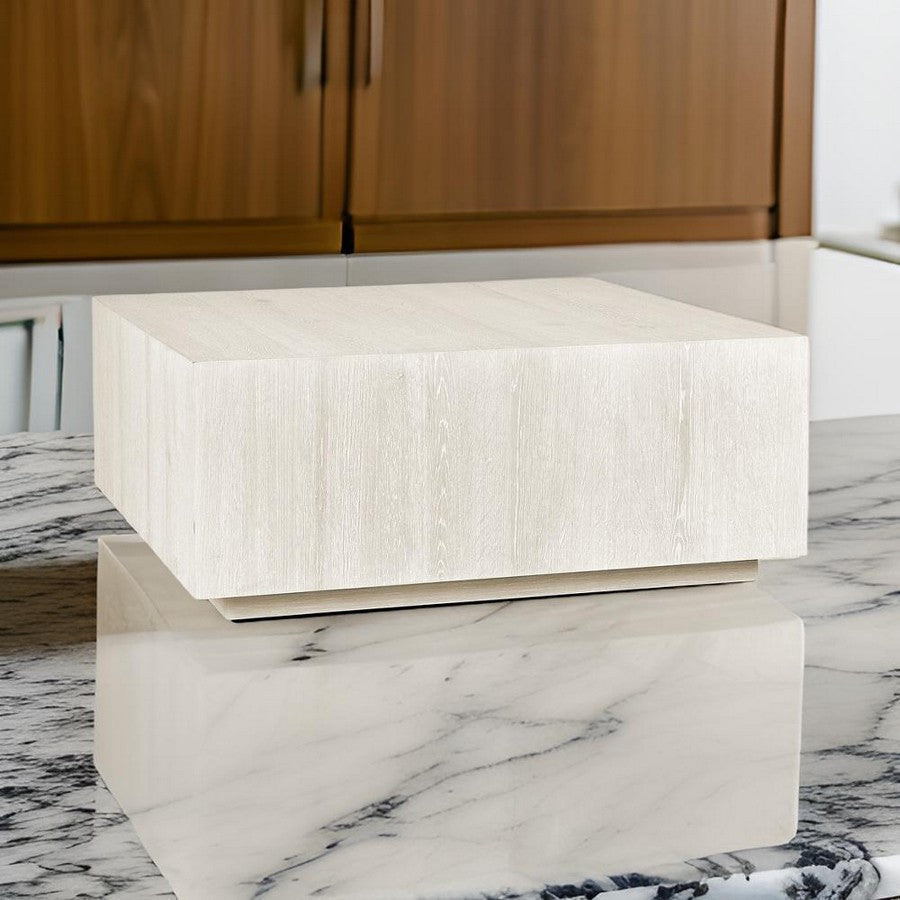 Cecil 42 Inch Coffee Table Square Oak Veneer Plinth Base White Wash By Casagear Home BM312435