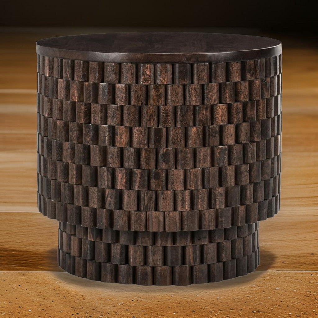 Cetril 25 Inch Round End Table Platform Plinth Base Brown Mango Wood By Casagear Home BM312436