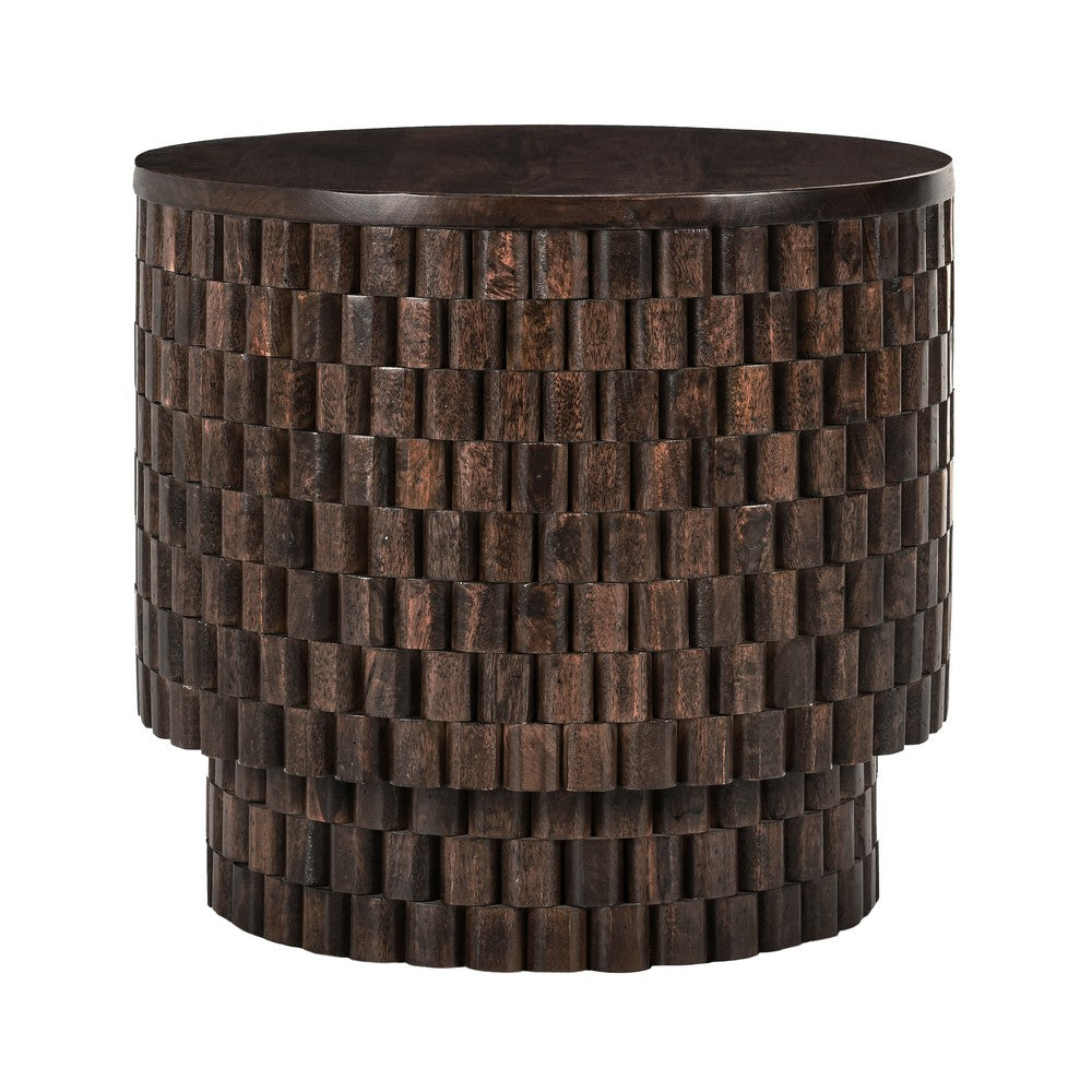 Cetril 25 Inch Round End Table Platform Plinth Base Brown Mango Wood By Casagear Home BM312436