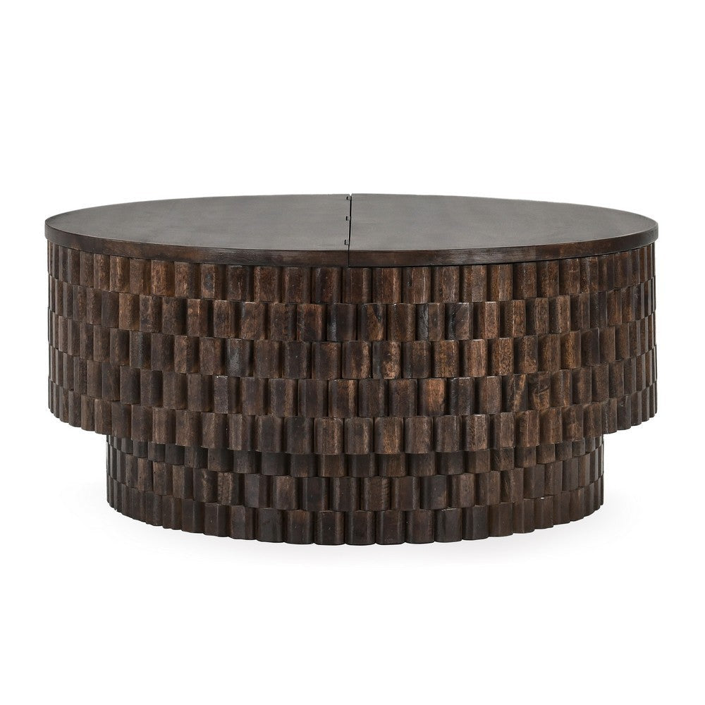 Cetril 40 Inch Round Coffee Table Platform Plinth Base Brown Mango Wood By Casagear Home BM312437