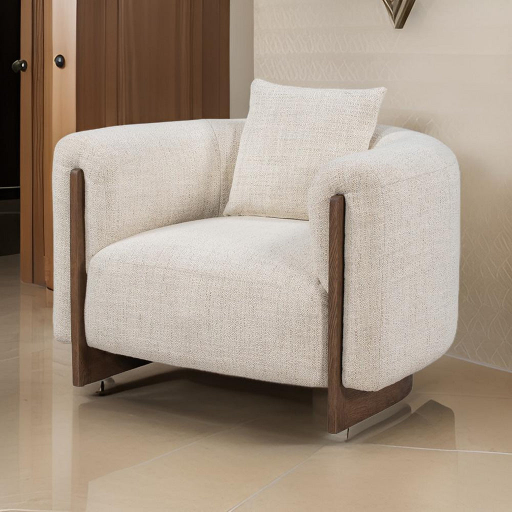 Lumi 41 Inch Accent Chair, Soft Beige Polyester, Dark Brown Ash Wood By Casagear Home