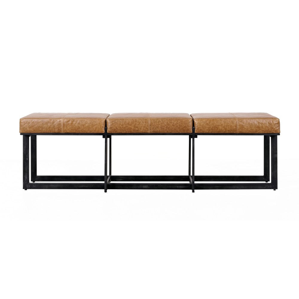 Windy 62 Inch Narrow Accent Bench, Brown Top Grain Leather, Black Iron By Casagear Home