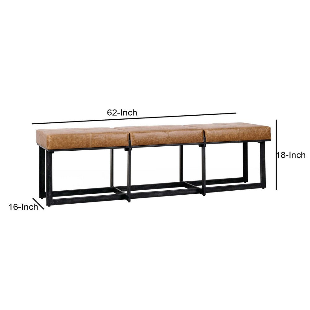 Windy 62 Inch Narrow Accent Bench Brown Top Grain Leather Black Iron By Casagear Home BM312445