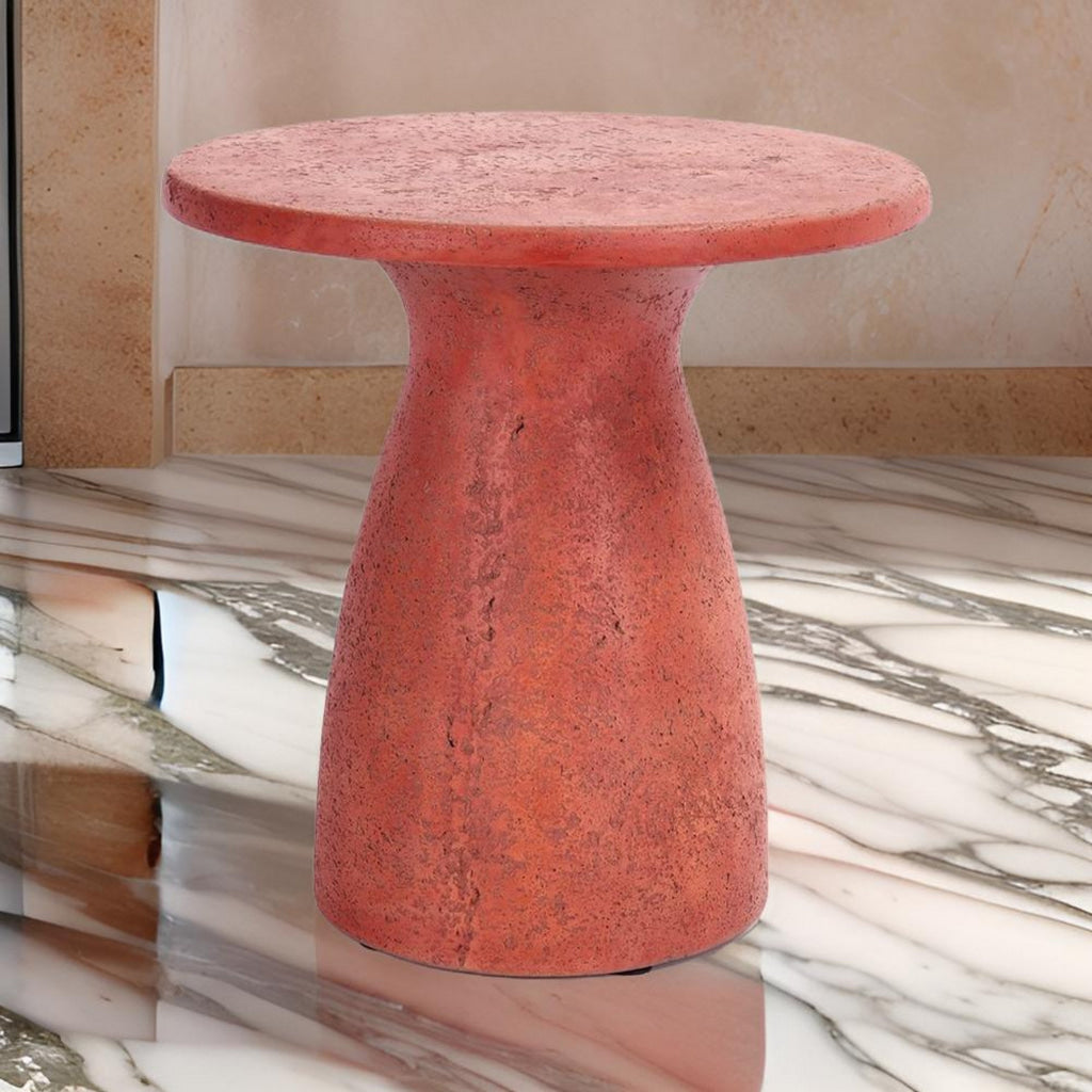 Kole 16 Inch Outdoor Accent Side Table Concrete Round Top and Base Red By Casagear Home BM312451