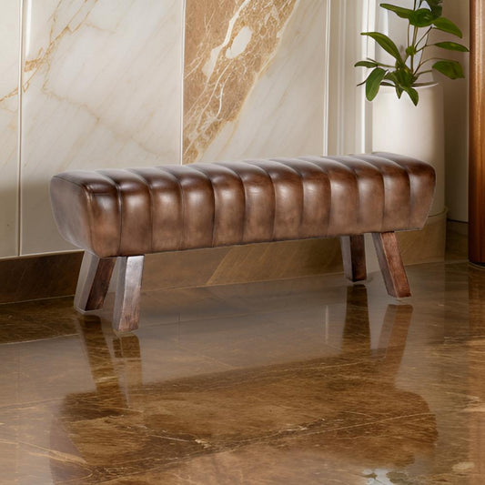52 Inch Accent Bench, Buffalo Leather Seat, Tufted Design, Brown Mango Wood By Casagear Home