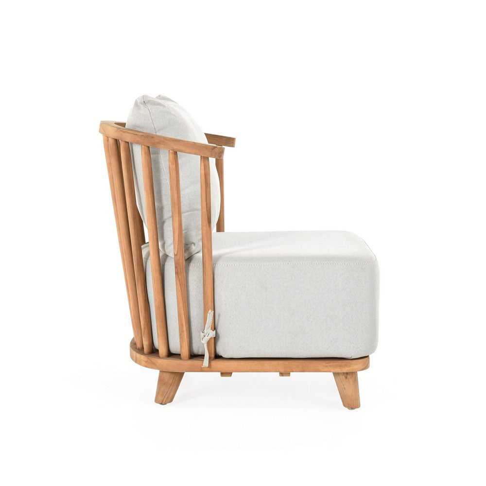 30 Inch Outdoor Accent Chair, White Olefin Upholstery, Cushion, Teak Wood By Casagear Home