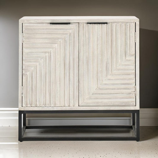 36 Inch Sideboard Cabinet Console White Mango Wood 2 Doors Black Iron By Casagear Home BM312467