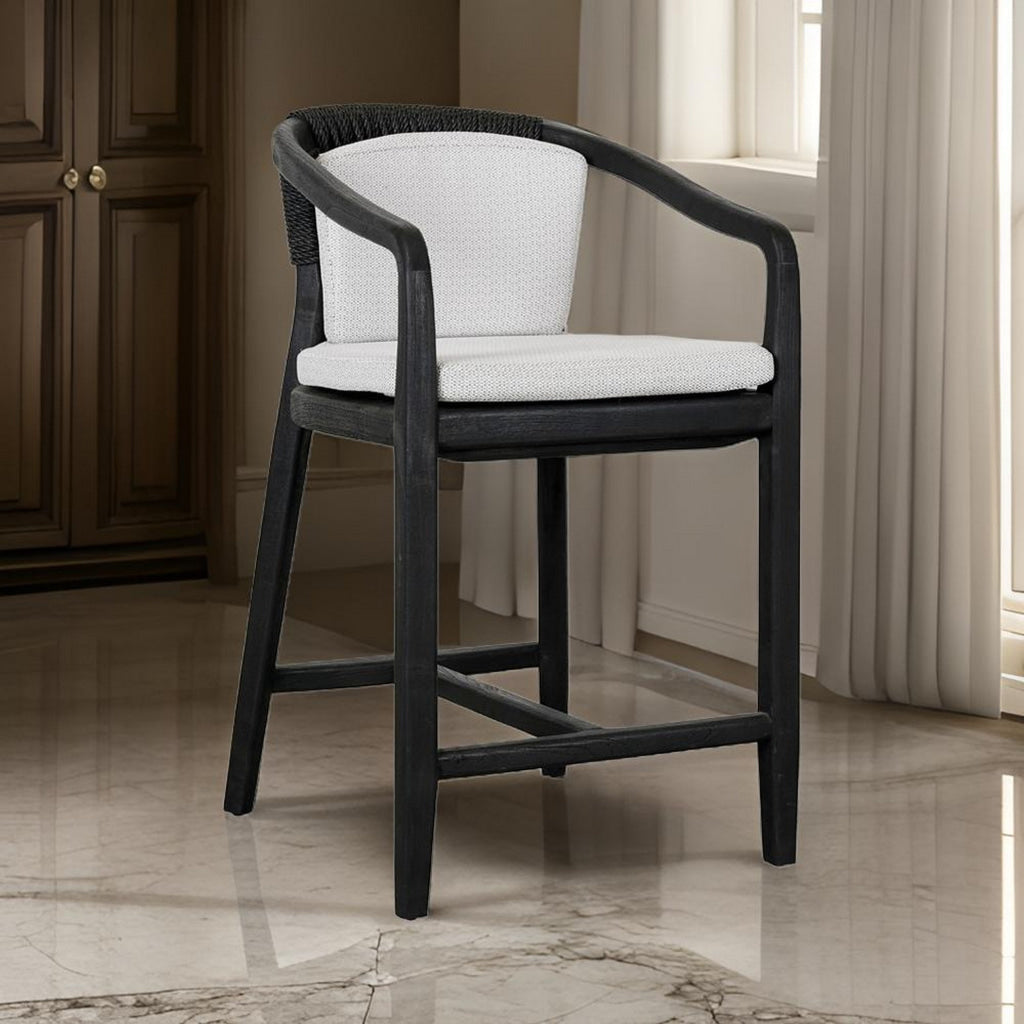 25 Inch Outdoor Counter Stool Chair, Gray Woven Olefin Fabric, Black Teak By Casagear Home