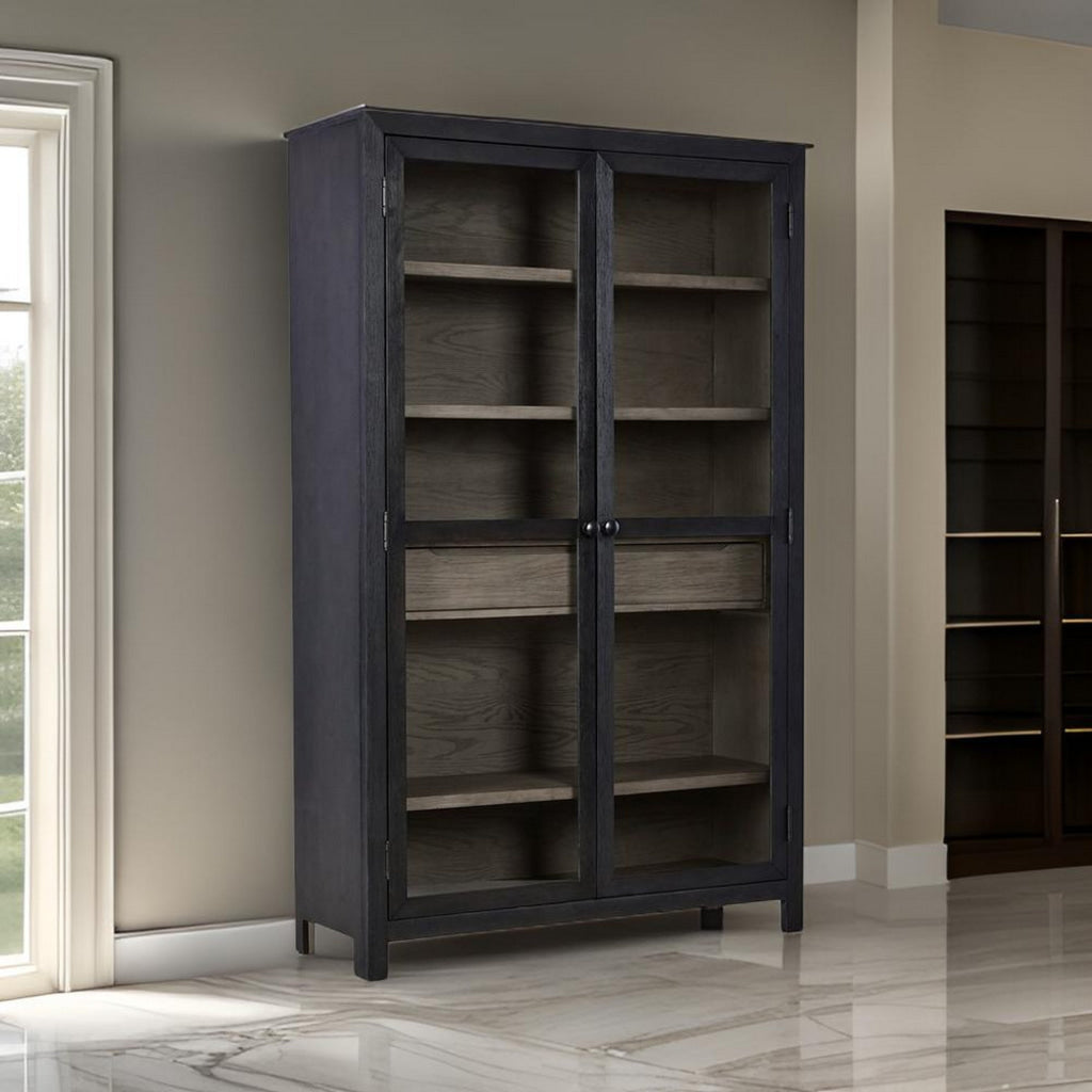 Liam 76 Inch Tall Accent Cabinet, Glass Doors, Drawer, Gray Black Wood By Casagear Home