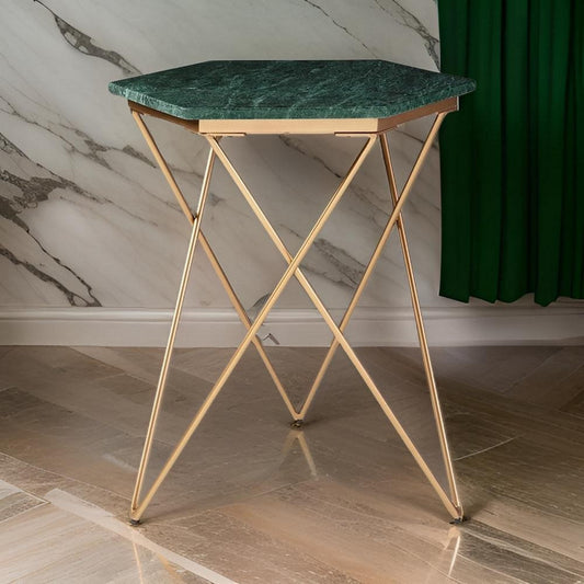 Ashley 24" Accent Table, Green Hexagon Marble Top, Gold Metal by Cassagear Home