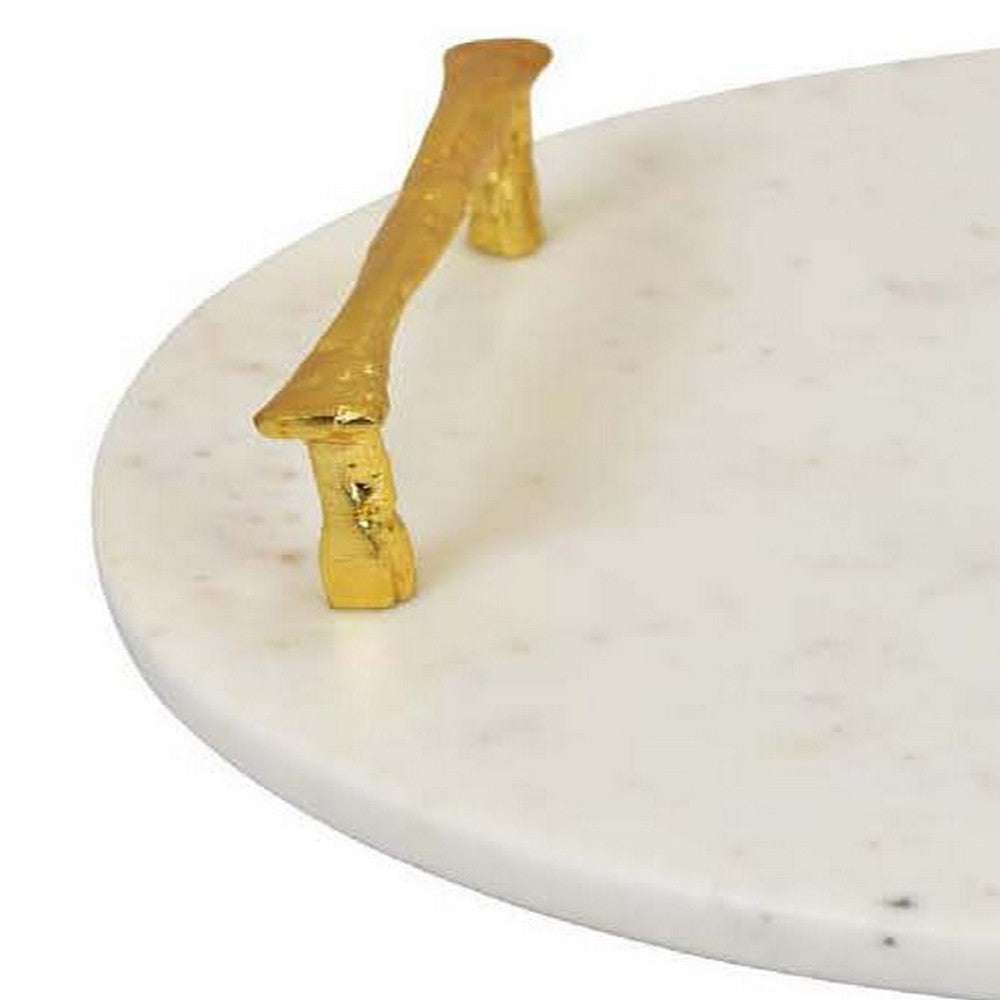 14 Inch Decorative Serving Tray Gold Handles Square White Marble Finish By Casagear Home BM312494