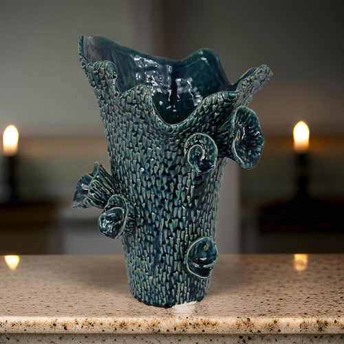 17 Inch Vase with Barnacle Design And Floral Details, Blue Ceramic Finish By Casagear Home