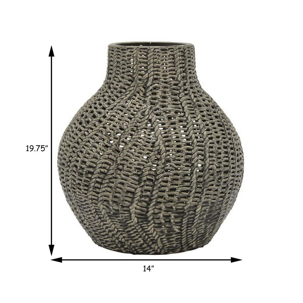 20 Inch Accent Vase with Mesh Like Design Round Gray Ceramic Finish By Casagear Home BM312528