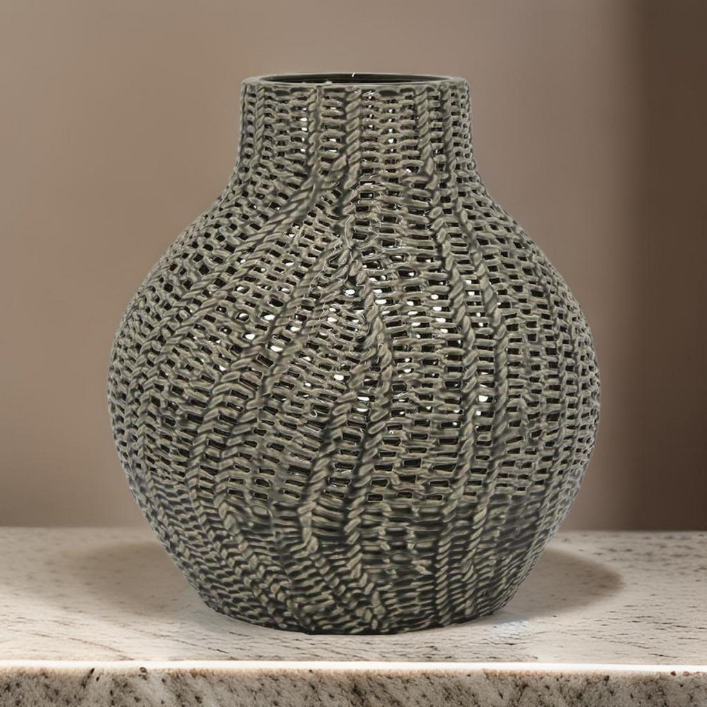 20 Inch Accent Vase with Mesh Like Design, Round, Gray Ceramic Finish By Casagear Home