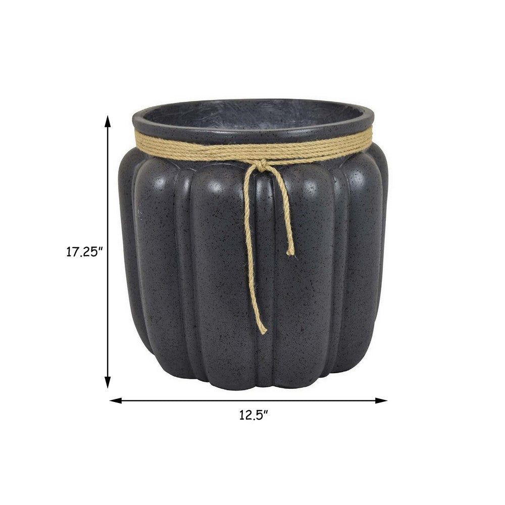 Rave 17 Inch Planter Pumpkin Like Shape and Rope Details Black Resin By Casagear Home BM312531