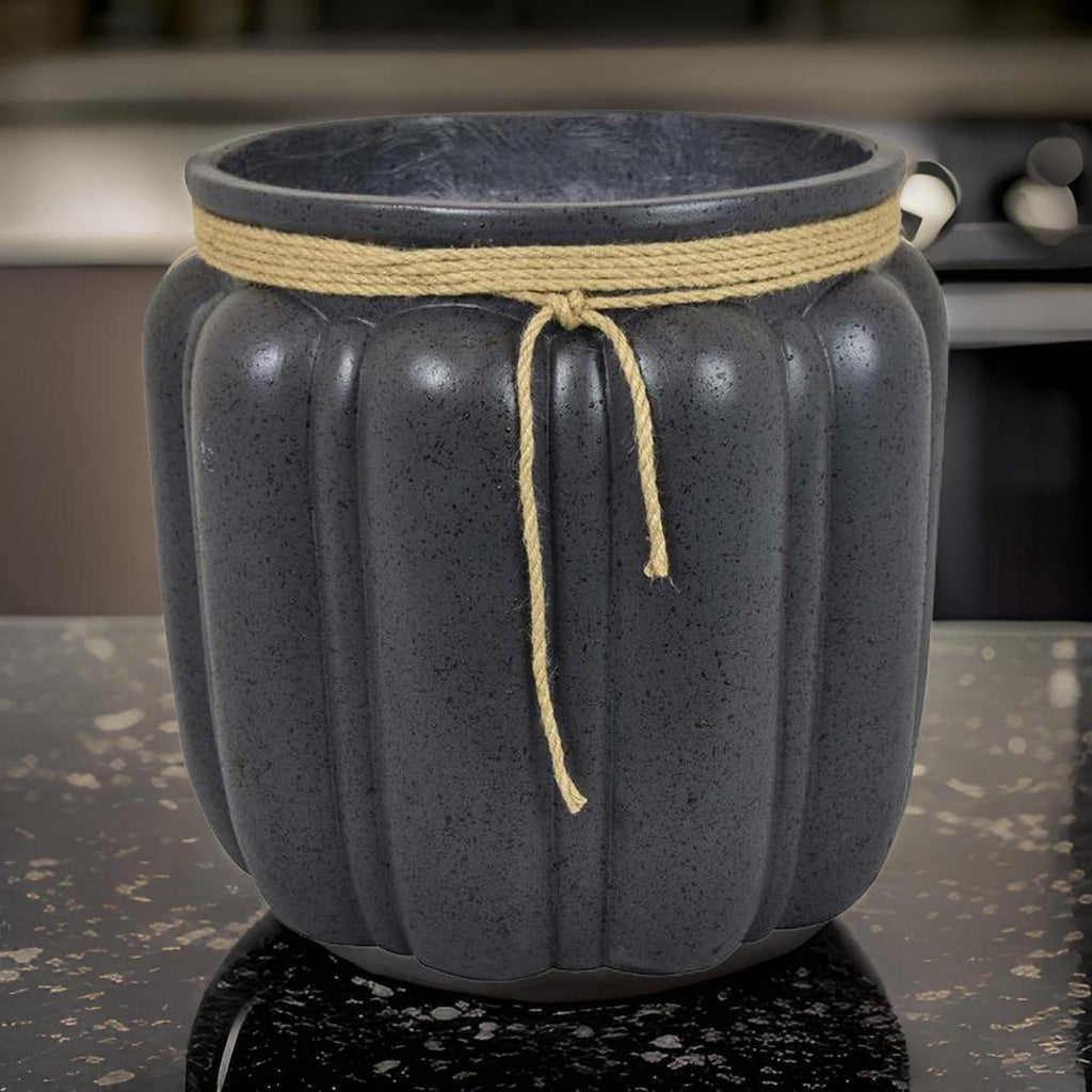 Rave 17 Inch Planter, Pumpkin Like Shape and Rope Details, Black Resin By Casagear Home