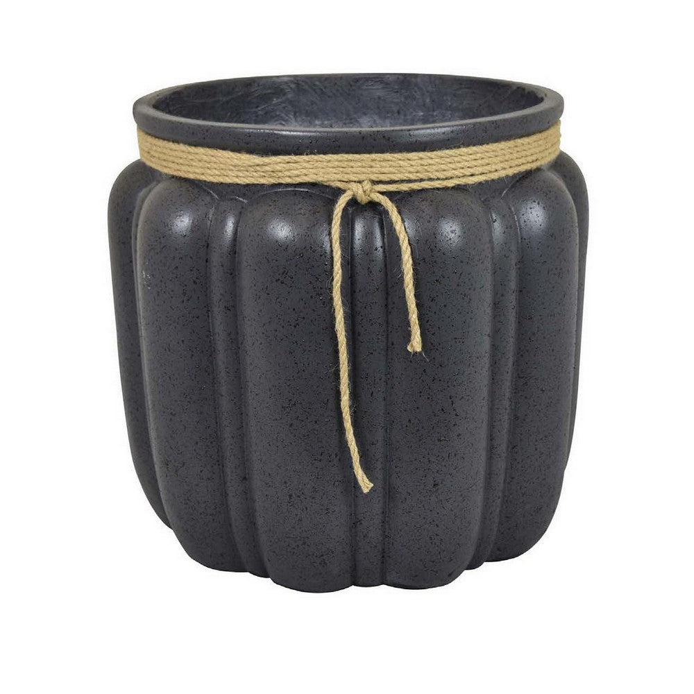 Rave 17 Inch Planter Pumpkin Like Shape and Rope Details Black Resin By Casagear Home BM312531