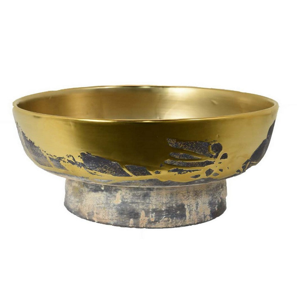 16 Inch Decorative Bowl Distressed Gold Finish Modern Aesthetic Ceramic By Casagear Home BM312559