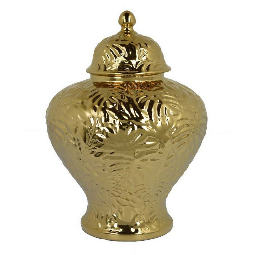 Aniea 18 Inch Accent Temple Jar Geometric Design Dome Lid Gold Ceramic By Casagear Home BM312568