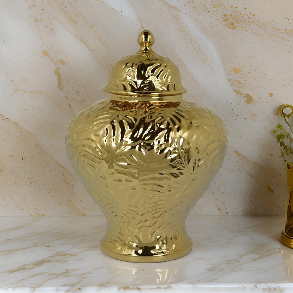 Aniea 18 Inch Accent Temple Jar, Geometric Design, Dome Lid, Gold Ceramic By Casagear Home