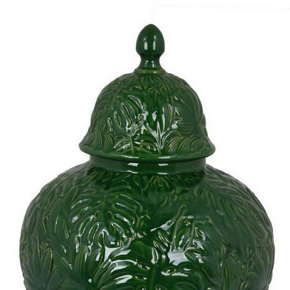 Aniea 18 Inch Accent Temple Jar Geometric Design Dome Lid Green Ceramic By Casagear Home BM312569