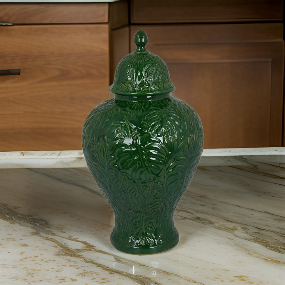 Aniea 18 Inch Accent Temple Jar, Geometric Design, Dome Lid, Green Ceramic By Casagear Home