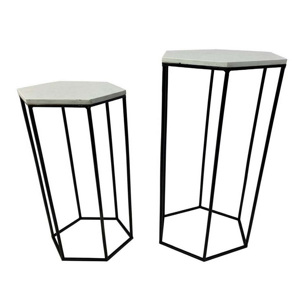 Set of 2 Plant Stand Tables Modern Hexagon Shape White Marble Top Black By Casagear Home BM312572