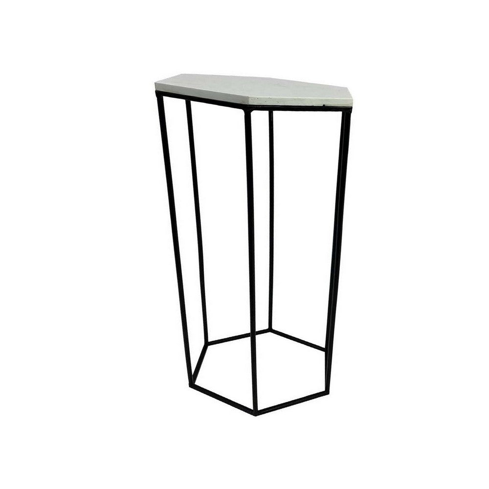 Set of 2 Plant Stand Tables Modern Hexagon Shape White Marble Top Black By Casagear Home BM312572