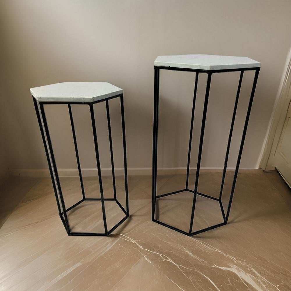 Set of 2 Plant Stand Tables, Modern Hexagon Shape, White Marble Top, Black By Casagear Home