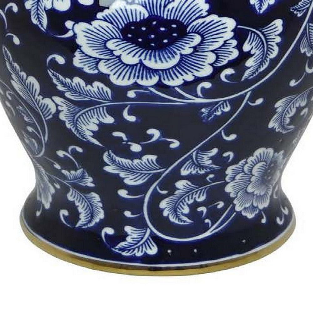 Sen 18 Inch Ceramic Temple Jar with Lid, Blue and White Floral Design, Gold By Casagear Home