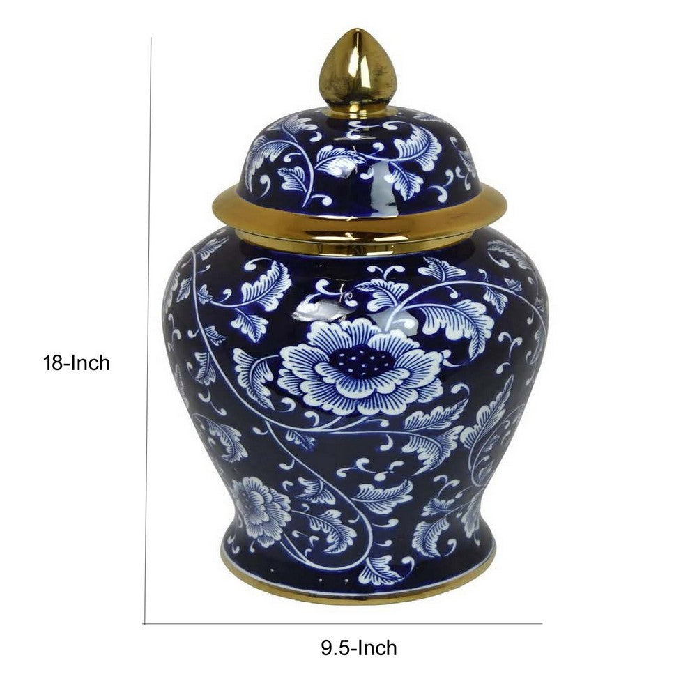 Sen 18 Inch Ceramic Temple Jar with Lid, Blue and White Floral Design, Gold By Casagear Home