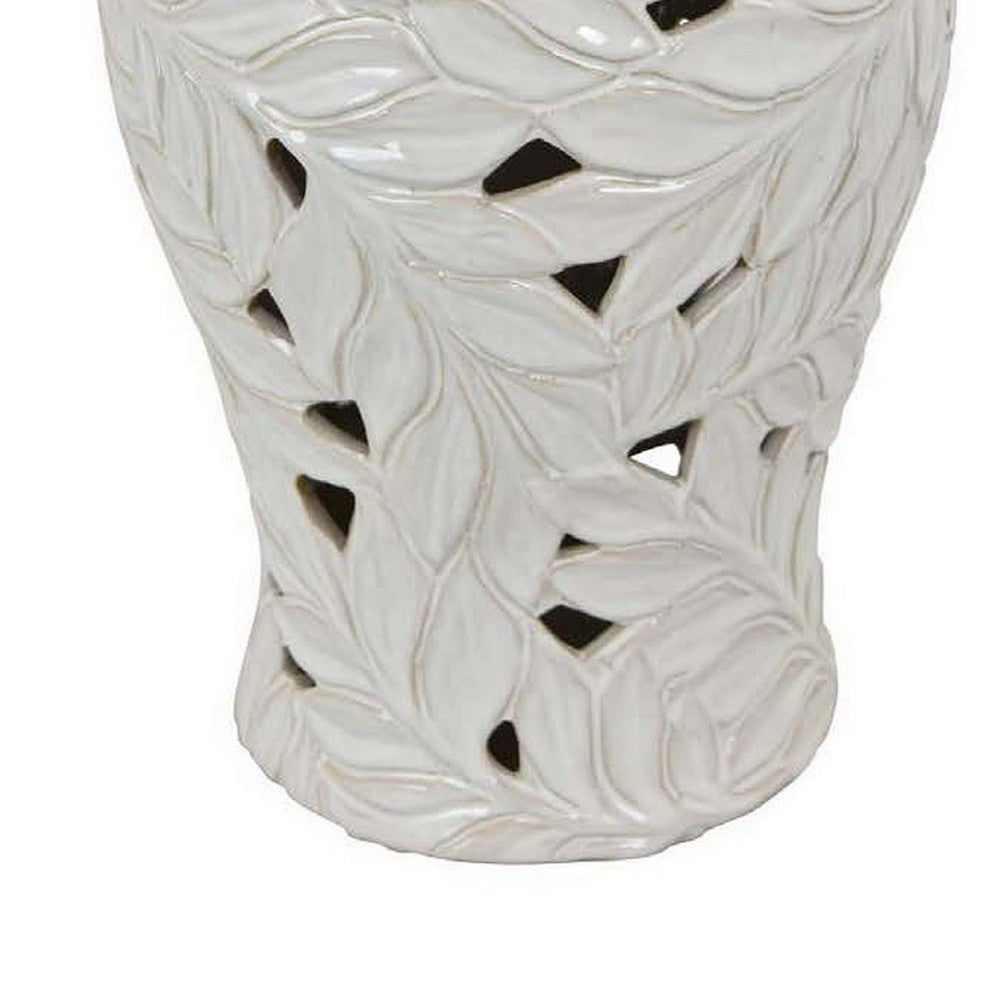 Heni 19 Inch Ceramic Temple Jar with Lid Cut Out Leaf Motifs White Finish By Casagear Home BM312582