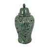 Heni 19 Inch Ceramic Temple Jar with Lid Cut Out Leaf Motifs Green Finish By Casagear Home BM312583