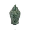 Heni 19 Inch Ceramic Temple Jar with Lid Cut Out Leaf Motifs Green Finish By Casagear Home BM312583