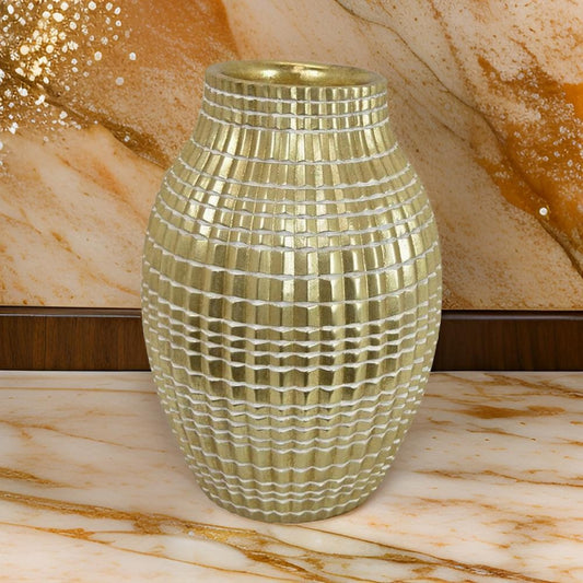 16 Inch Flower Vase, Long Curved Shape, Elegant Gold Textured Resin Finish By Casagear Home