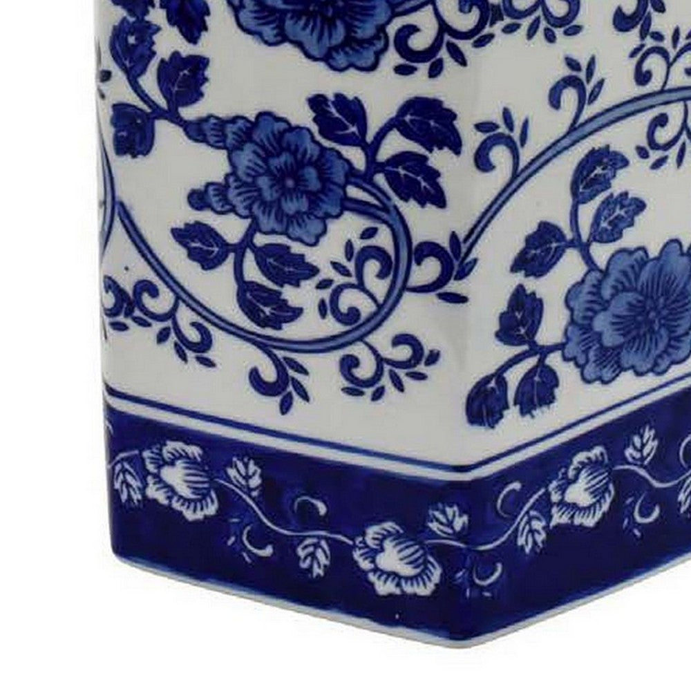 13 Inch Ceramic Ginger Jar with Lid Intricate Floral Blue and White By Casagear Home BM312603