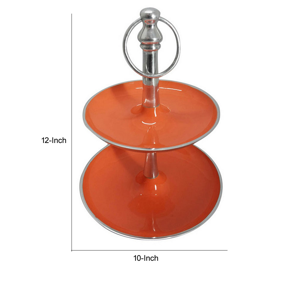 Lio 12 Inch 2 Tier Serving Tray Orange Round Plate Silver Aluminum Finish By Casagear Home BM312610