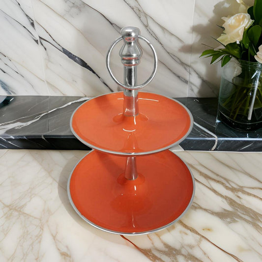 Lio 12 Inch 2 Tier Serving Tray, Orange Round Plate, Silver Aluminum Finish By Casagear Home