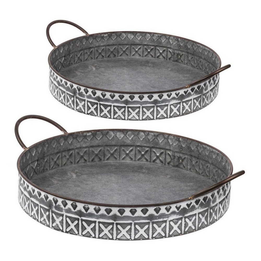 18 20 Inch Set of 2 Round Serving Trays with Handles Galvanized Gray Iron By Casagear Home BM312614