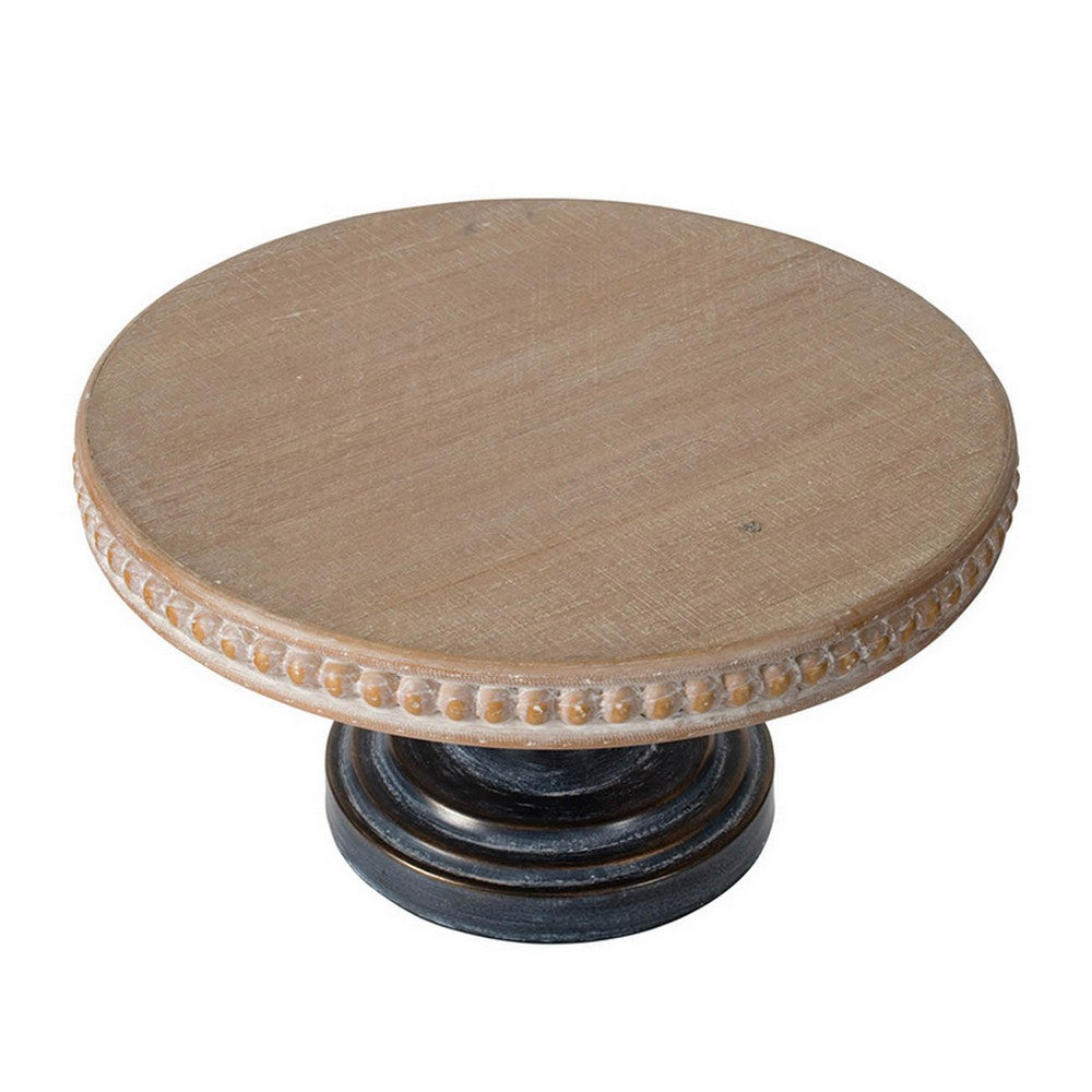 Marrie 14 Inch Round Decorative Tray Black Iron Padestal Base Wood Top By Casagear Home BM312615