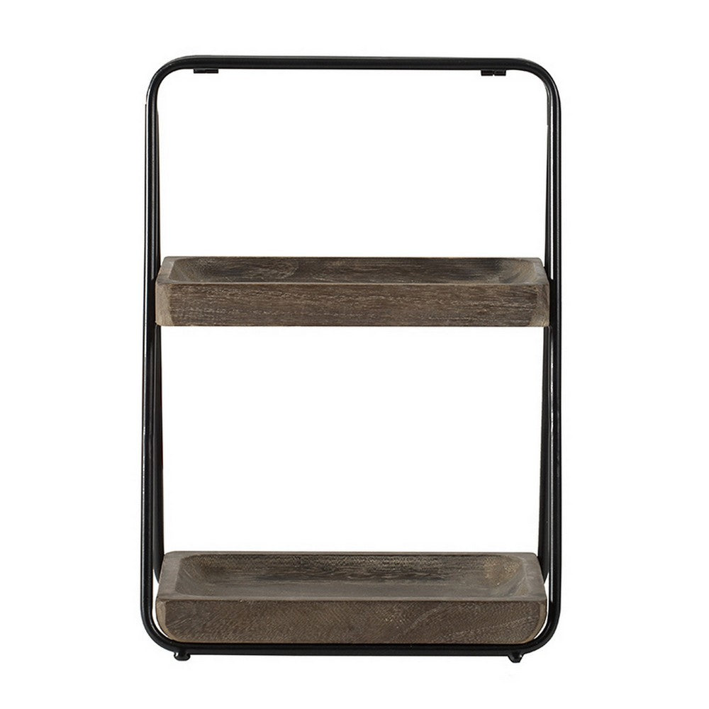 Nick 19 Inch 2 Tier Decorative Tray Stand Black Iron Frame Gray Wood By Casagear Home BM312617