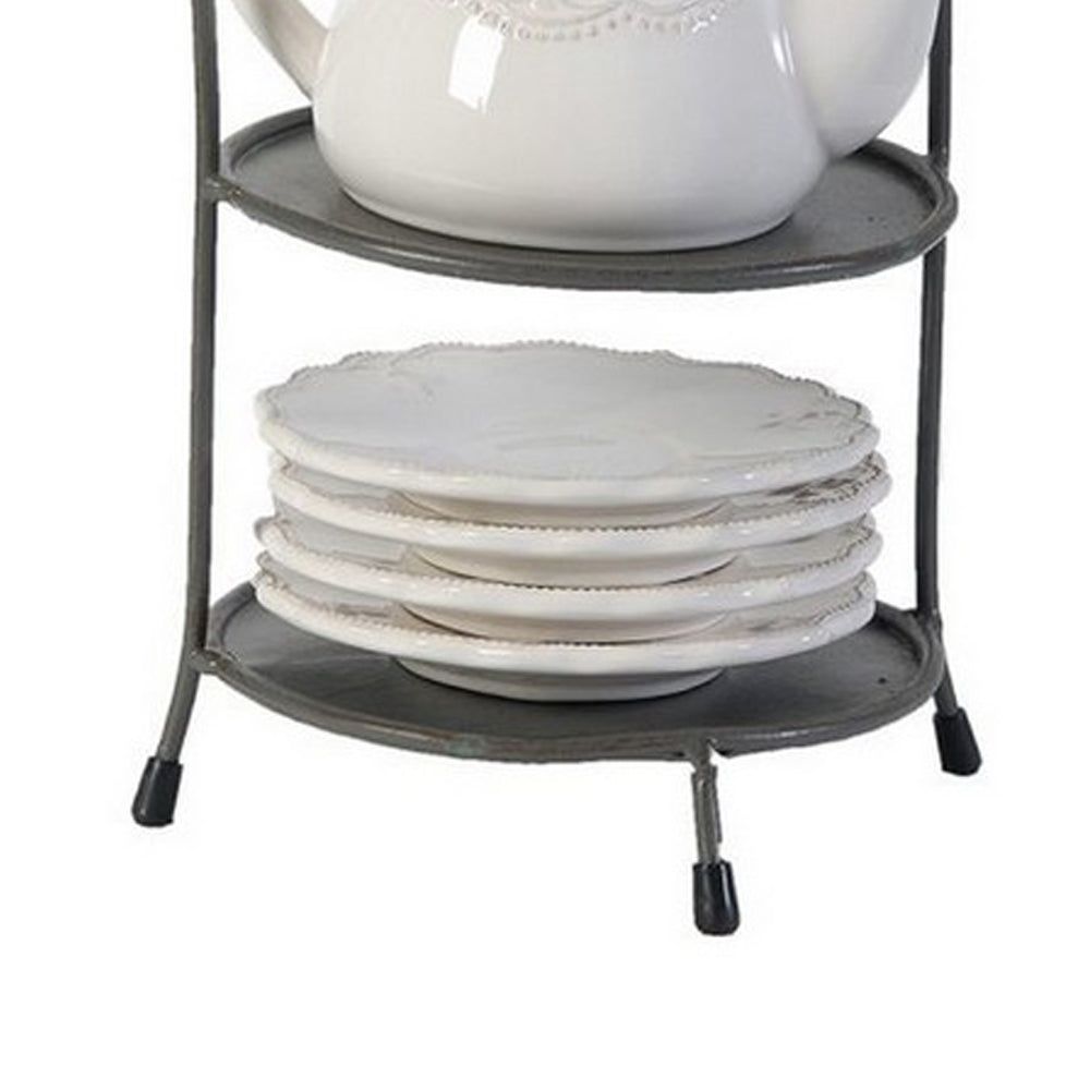 Zoya 10 Piece Tea Kettle and Cups Set with Metal Stand White Porcelain By Casagear Home BM312619